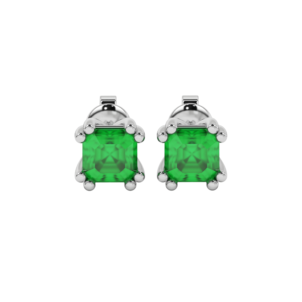 Green Asscher cut stud earrings in gold featuring a crown-inspired eight-prong setting and push back closure