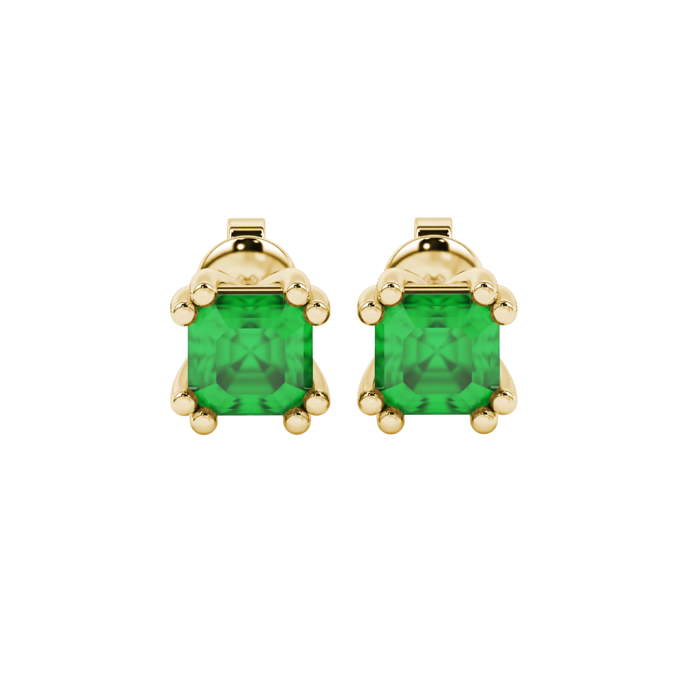 Green Asscher cut stud earrings in gold featuring a crown-inspired eight-prong setting and push back closure
