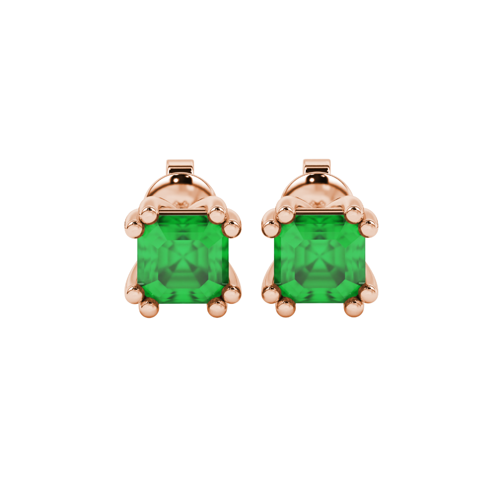 Green Asscher cut stud earrings in gold featuring a crown-inspired eight-prong setting and push back closure