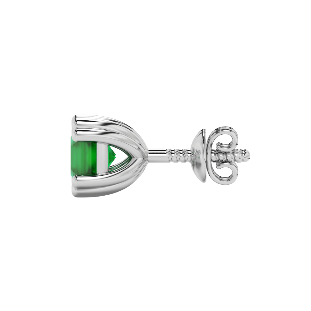 Green Asscher cut stud earrings in gold featuring a crown-inspired eight-prong setting and push back closure