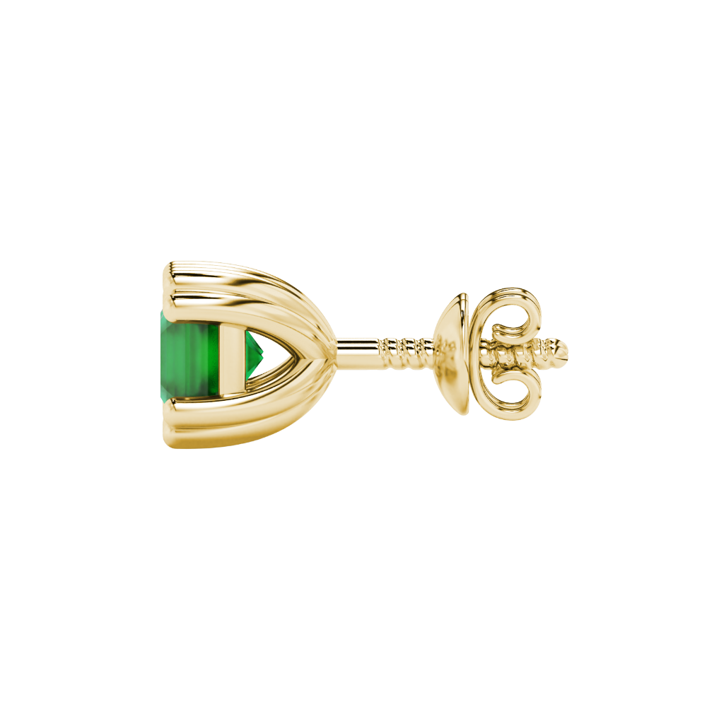 Green Asscher cut stud earrings in gold featuring a crown-inspired eight-prong setting and push back closure