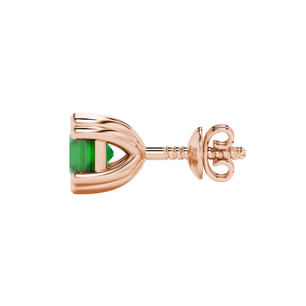 Green Asscher cut stud earrings in gold featuring a crown-inspired eight-prong setting and push back closure