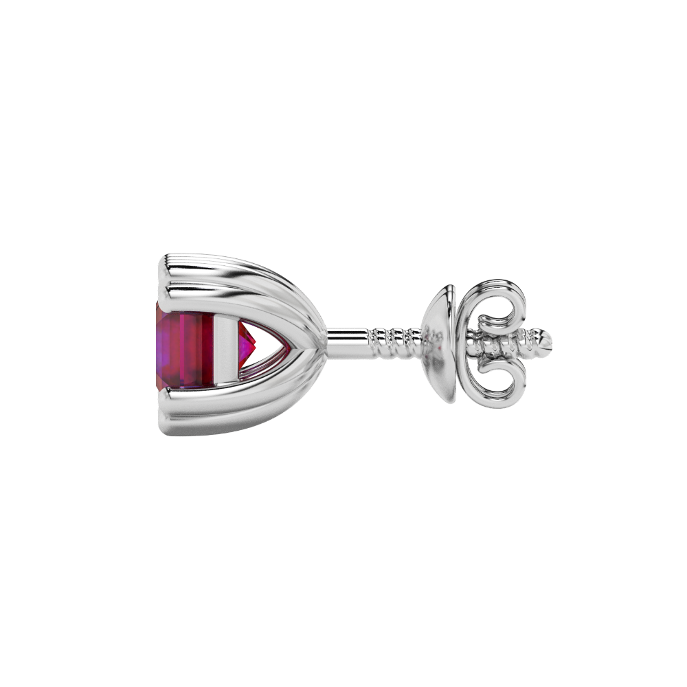 Red Asscher cut stud earrings in gold featuring a crown-inspired eight-prong setting and push back closure