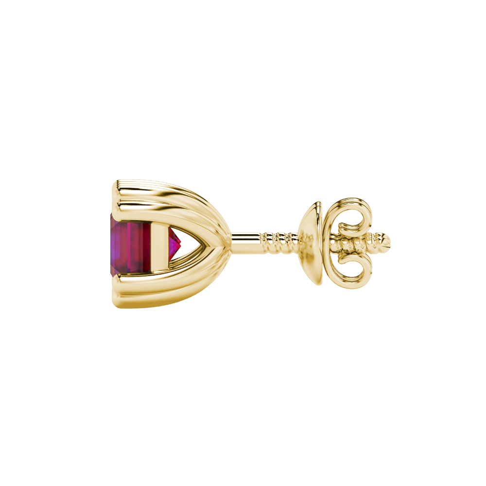 Red Asscher cut stud earrings in gold featuring a crown-inspired eight-prong setting and push back closure