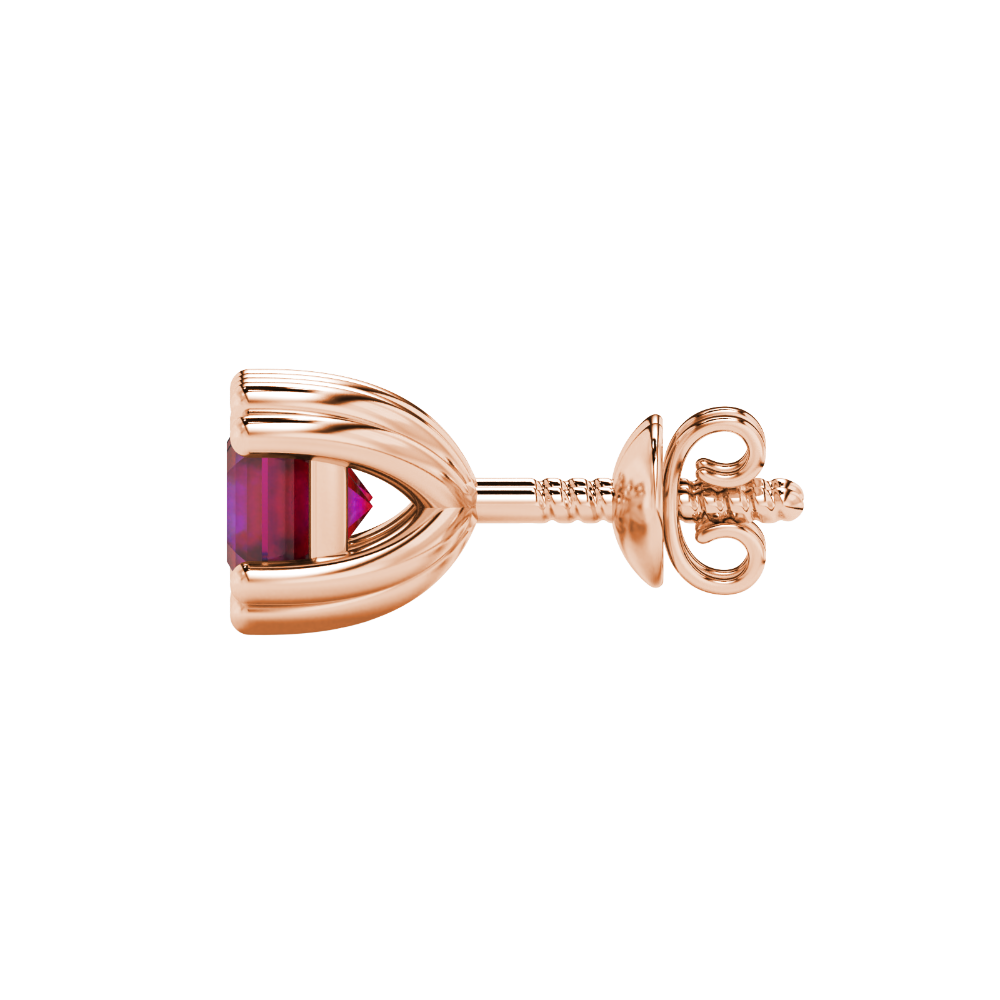 Red Asscher cut stud earrings in gold featuring a crown-inspired eight-prong setting and push back closure