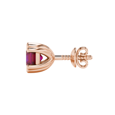 Red Asscher cut stud earrings in gold featuring a crown-inspired eight-prong setting and push back closure
