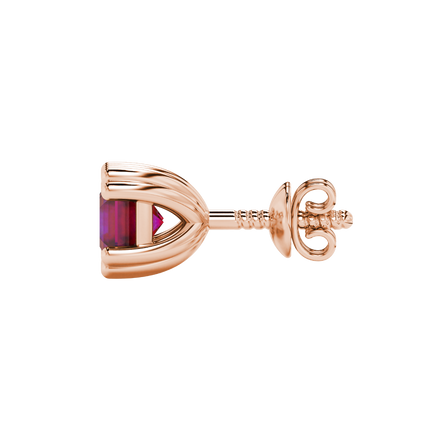 Red Asscher cut stud earrings in gold featuring a crown-inspired eight-prong setting and push back closure