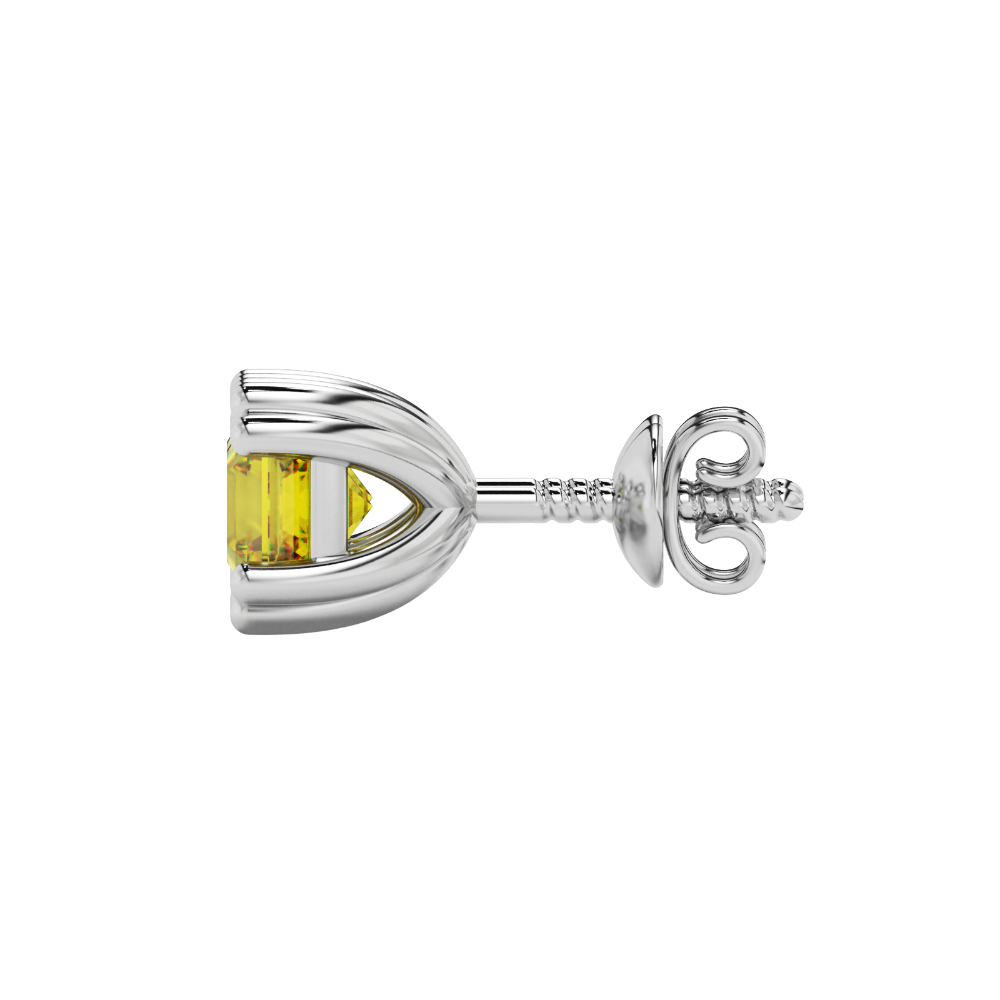 Yellow Asscher cut stud earrings in gold featuring a crown-inspired eight-prong setting and push back closure