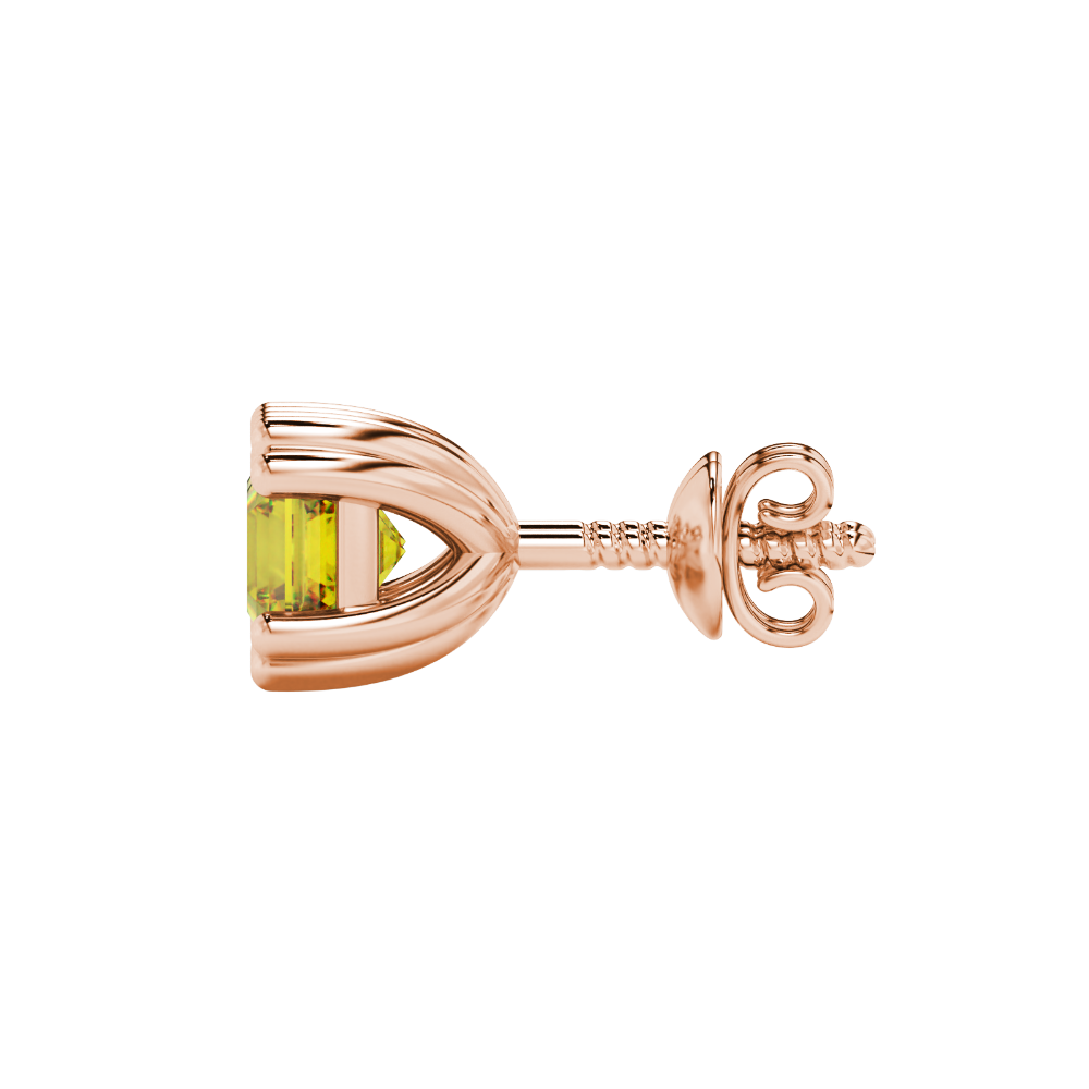 Yellow Asscher cut stud earrings in gold featuring a crown-inspired eight-prong setting and push back closure