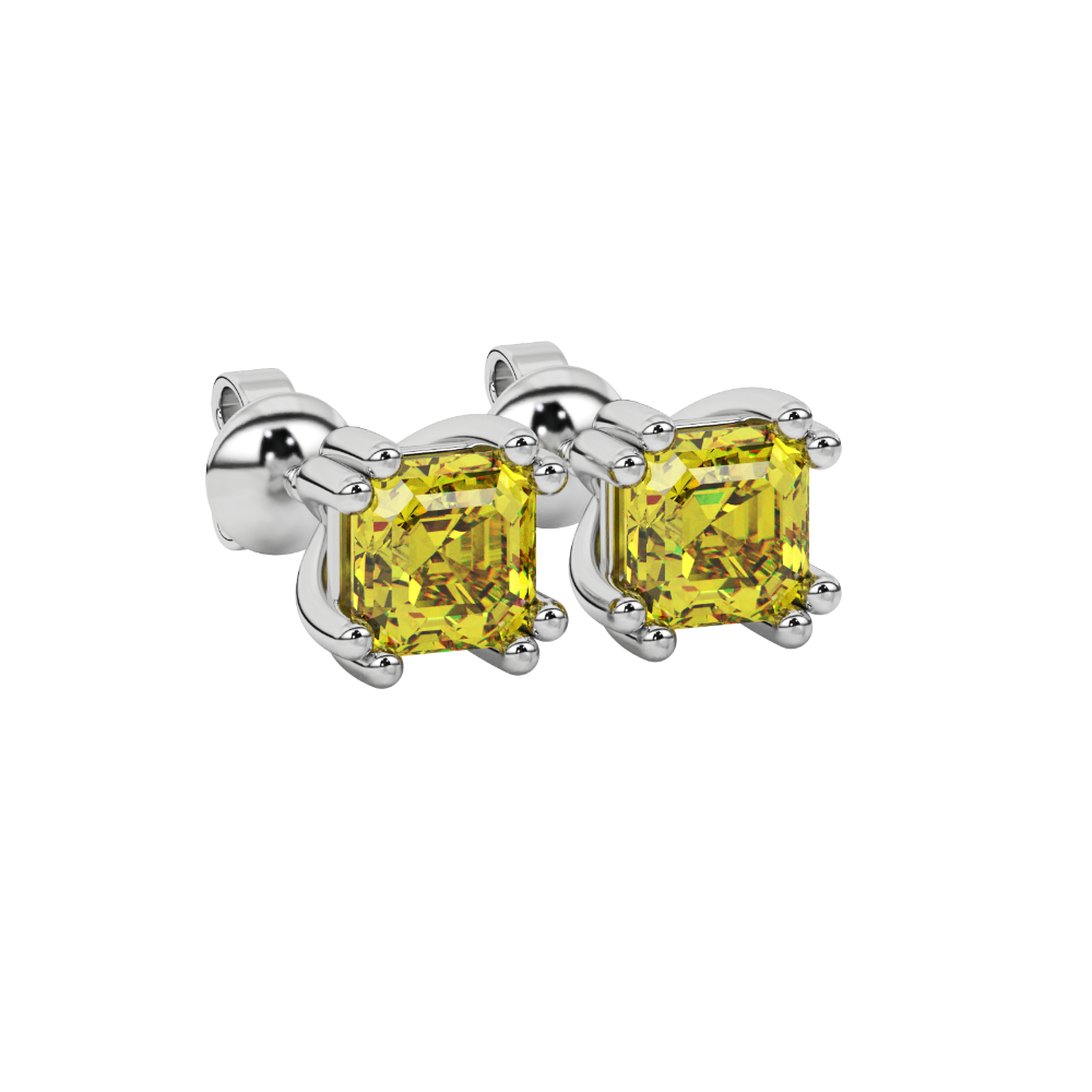 Yellow Asscher cut stud earrings in gold featuring a crown-inspired eight-prong setting and push back closure