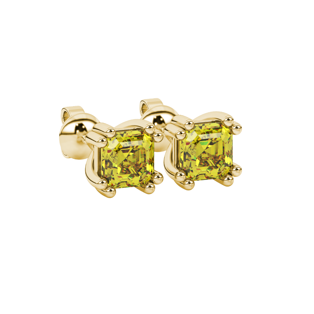 Yellow Asscher cut stud earrings in gold featuring a crown-inspired eight-prong setting and push back closure