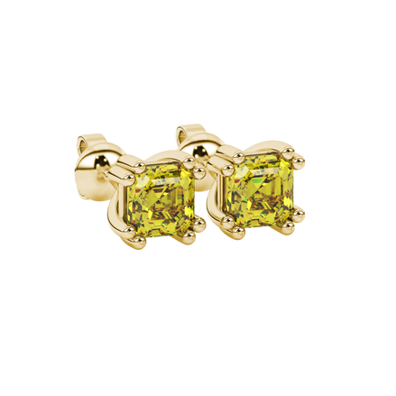 Yellow Asscher cut stud earrings in gold featuring a crown-inspired eight-prong setting and push back closure