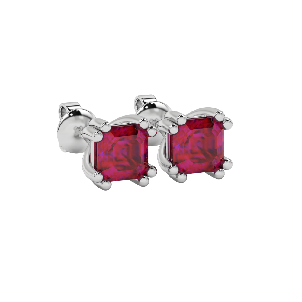 Red Asscher cut stud earrings in gold featuring a crown-inspired eight-prong setting and push back closure