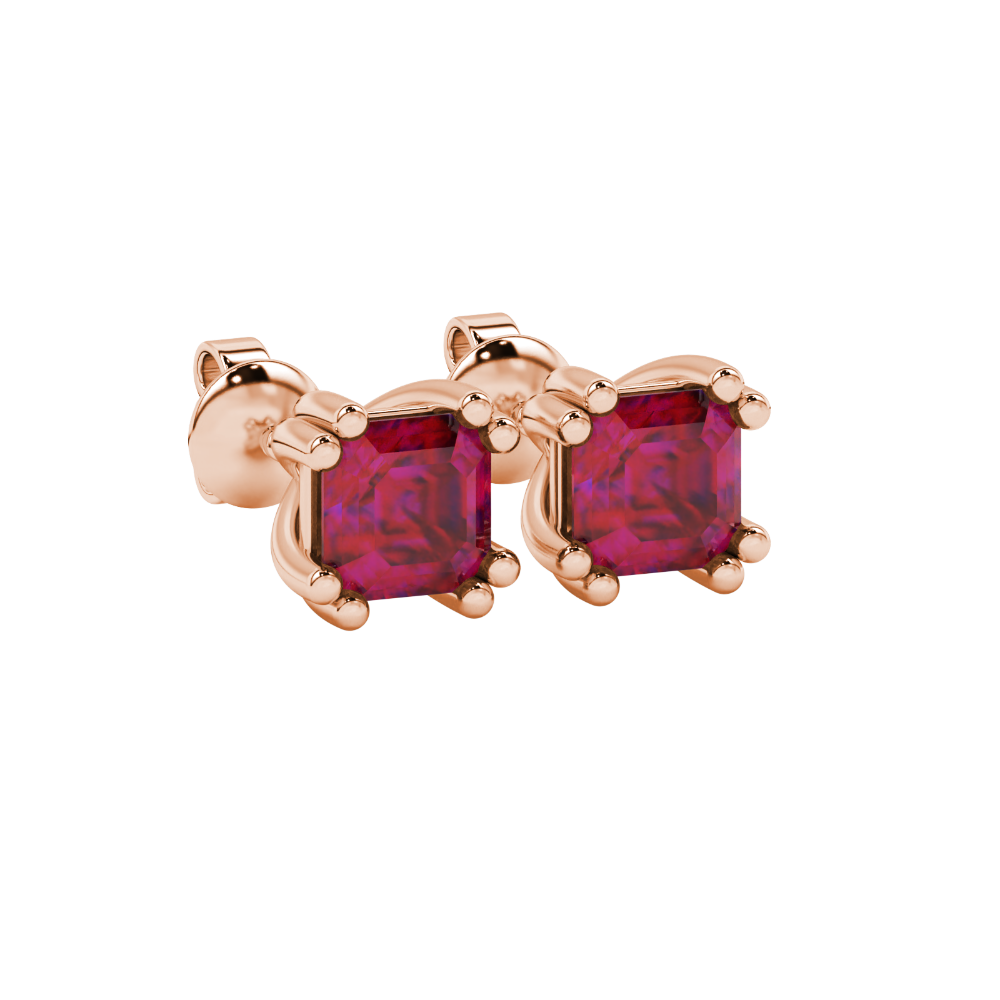 Red Asscher cut stud earrings in gold featuring a crown-inspired eight-prong setting and push back closure