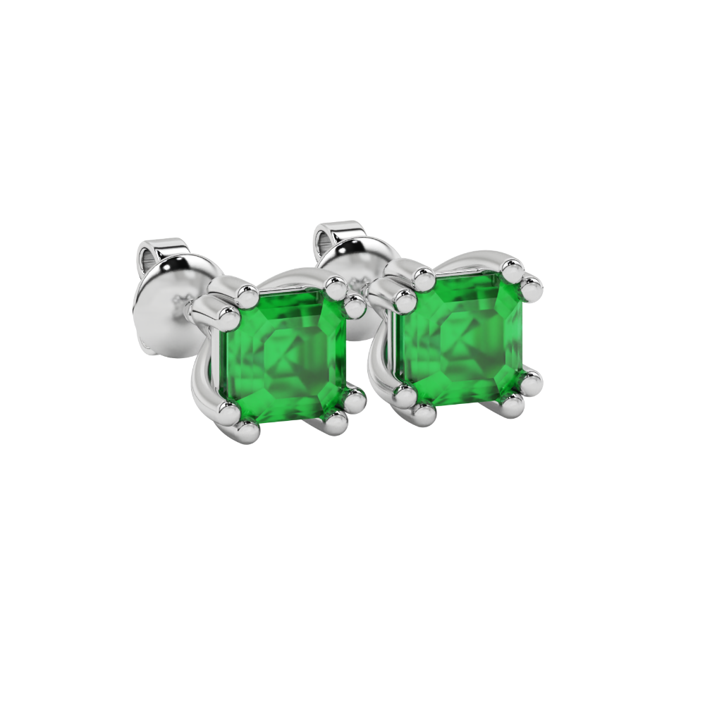 Green Asscher cut stud earrings in gold featuring a crown-inspired eight-prong setting and push back closure