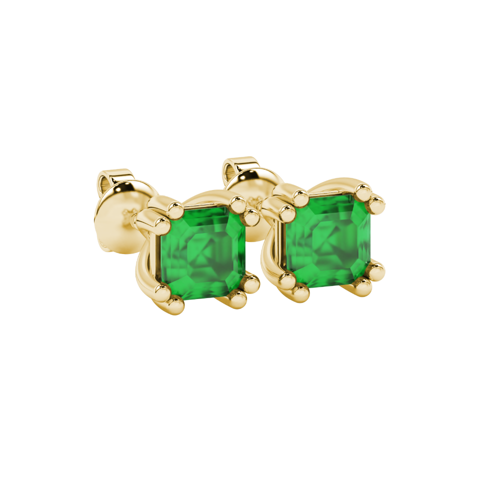 Green Asscher cut stud earrings in gold featuring a crown-inspired eight-prong setting and push back closure
