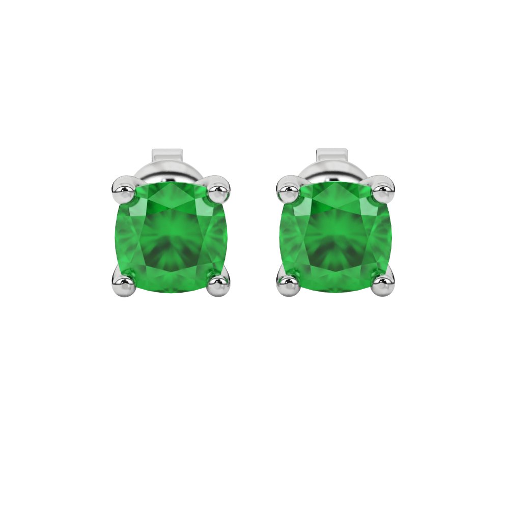 Green cushion cut gemstone solitaire stud earrings in gold featuring a refined four-prong basket setting