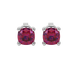 Red cushion cut gemstone solitaire stud earrings in gold featuring a refined four-prong basket setting