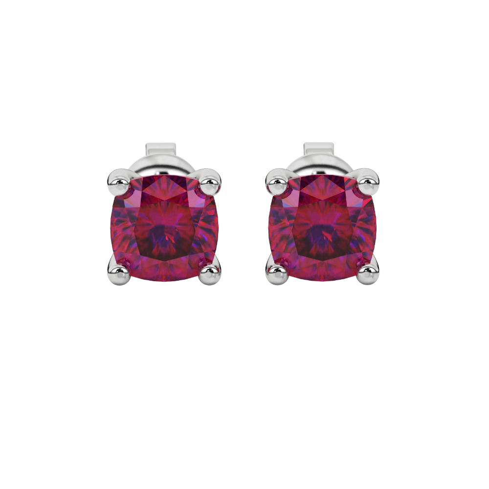 Red cushion cut gemstone solitaire stud earrings in gold featuring a refined four-prong basket setting