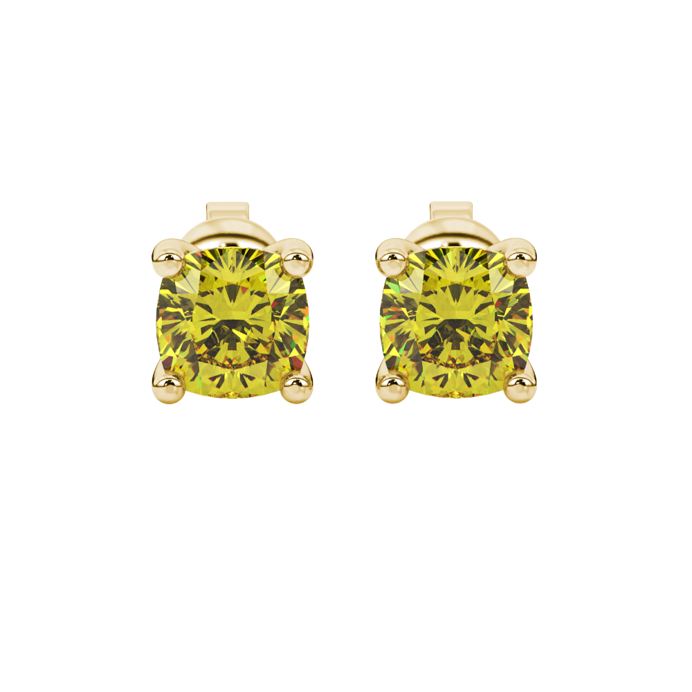 Yellow cushion cut gemstone solitaire stud earrings in gold featuring a refined four-prong basket setting
