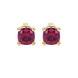 Red cushion cut gemstone solitaire stud earrings in gold featuring a refined four-prong basket setting