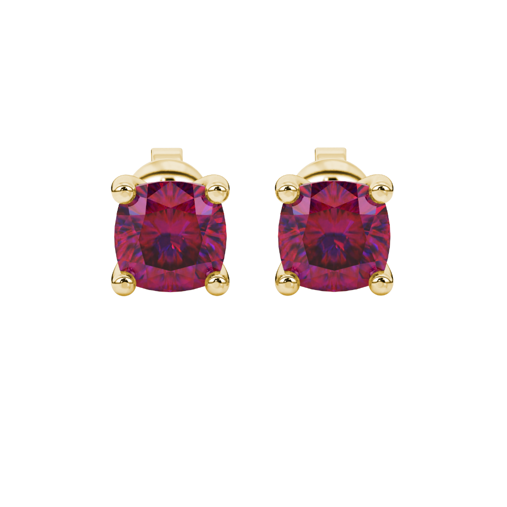 Red cushion cut gemstone solitaire stud earrings in gold featuring a refined four-prong basket setting