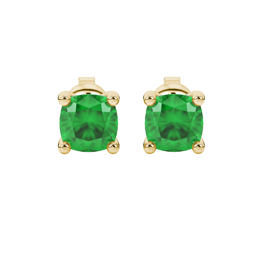 Green cushion cut gemstone solitaire stud earrings in gold featuring a refined four-prong basket setting