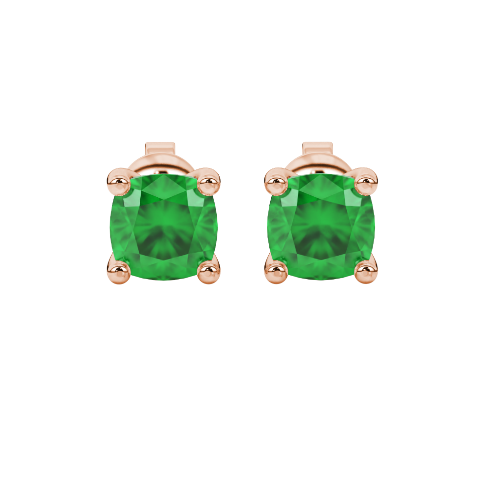 Green cushion cut gemstone solitaire stud earrings in gold featuring a refined four-prong basket setting