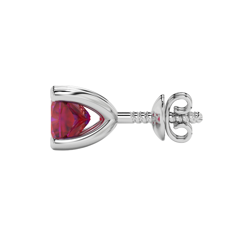 Red cushion cut gemstone solitaire stud earrings in gold featuring a refined four-prong basket setting