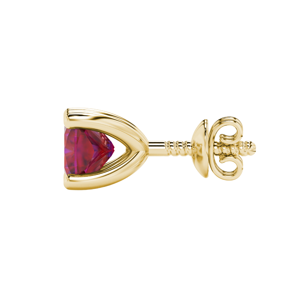 Red cushion cut gemstone solitaire stud earrings in gold featuring a refined four-prong basket setting