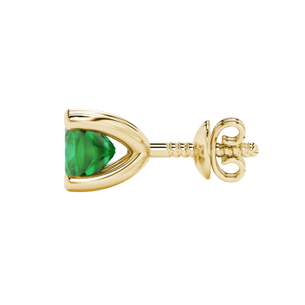 Green cushion cut gemstone solitaire stud earrings in gold featuring a refined four-prong basket setting