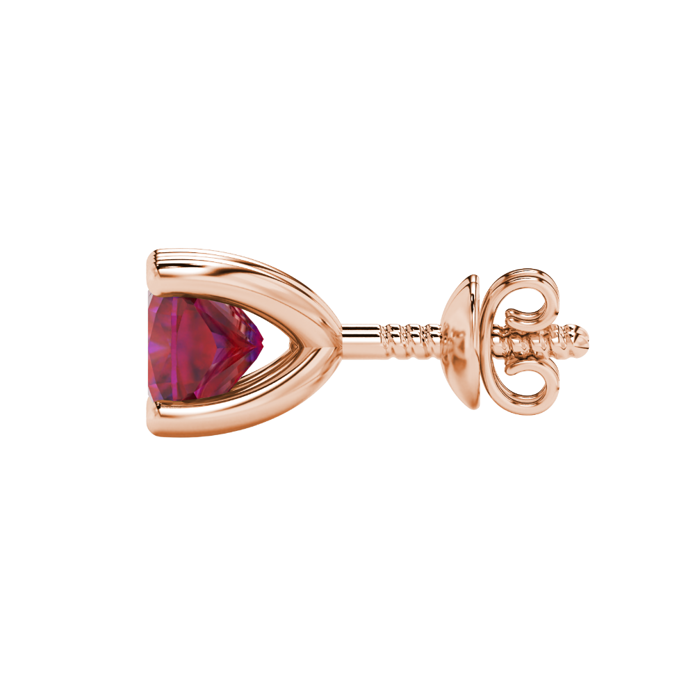 Red cushion cut gemstone solitaire stud earrings in gold featuring a refined four-prong basket setting