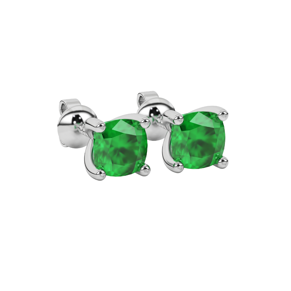 Green cushion cut gemstone solitaire stud earrings in gold featuring a refined four-prong basket setting