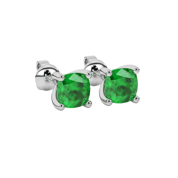 Green cushion cut gemstone solitaire stud earrings in gold featuring a refined four-prong basket setting