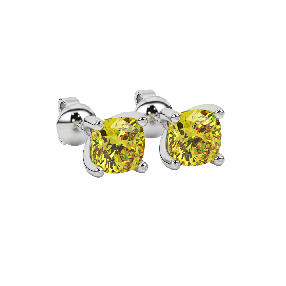 Yellow cushion cut gemstone solitaire stud earrings in gold featuring a refined four-prong basket setting