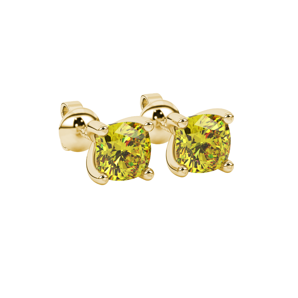 Yellow cushion cut gemstone solitaire stud earrings in gold featuring a refined four-prong basket setting