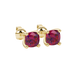 Red cushion cut gemstone solitaire stud earrings in gold featuring a refined four-prong basket setting