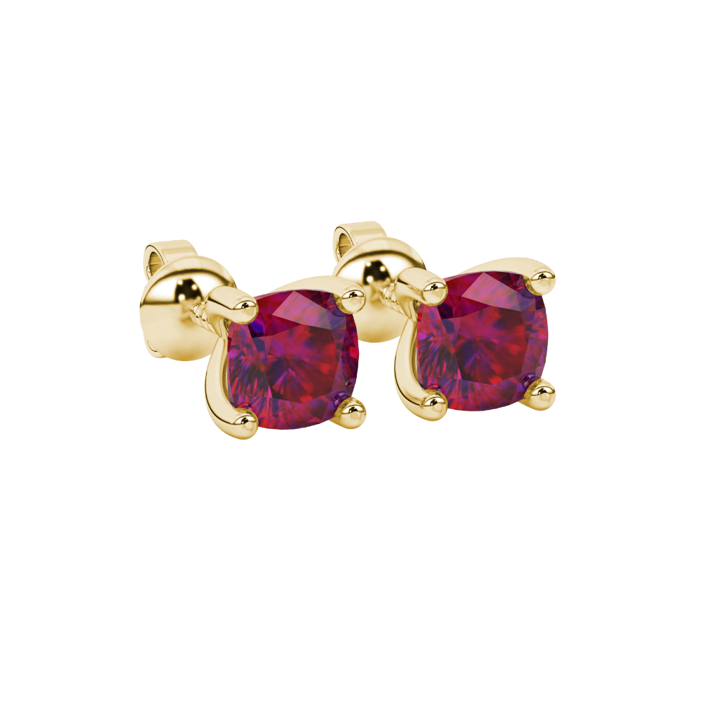 Red cushion cut gemstone solitaire stud earrings in gold featuring a refined four-prong basket setting