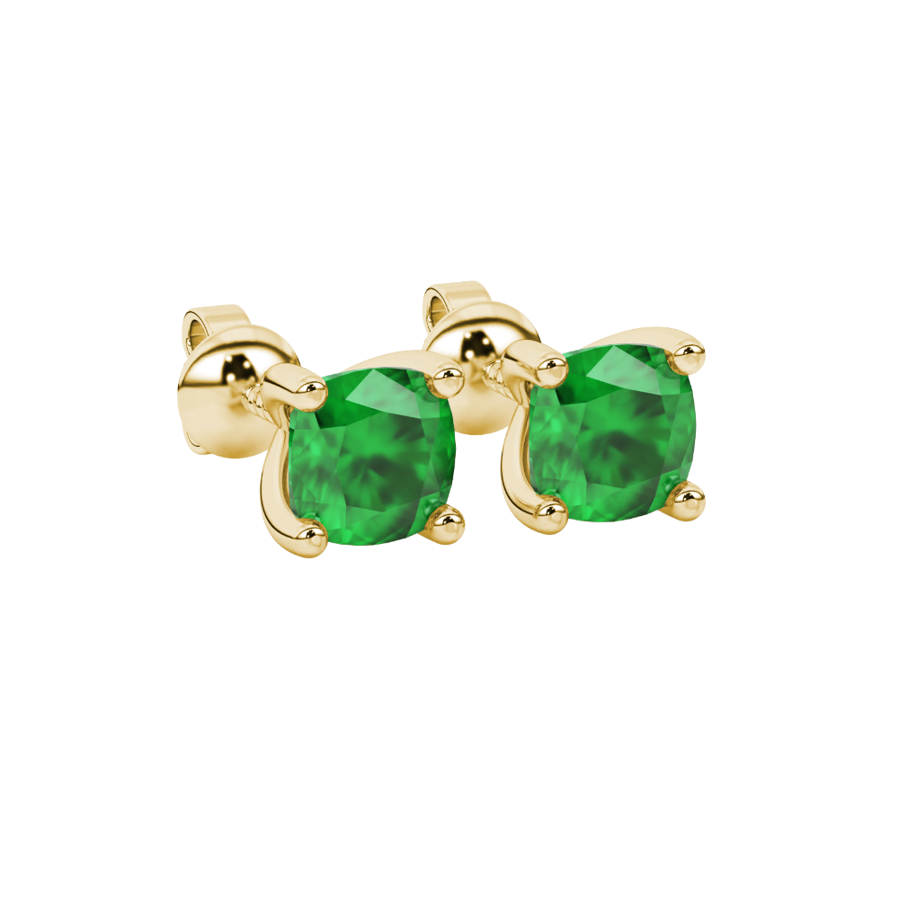 Green cushion cut gemstone solitaire stud earrings in gold featuring a refined four-prong basket setting