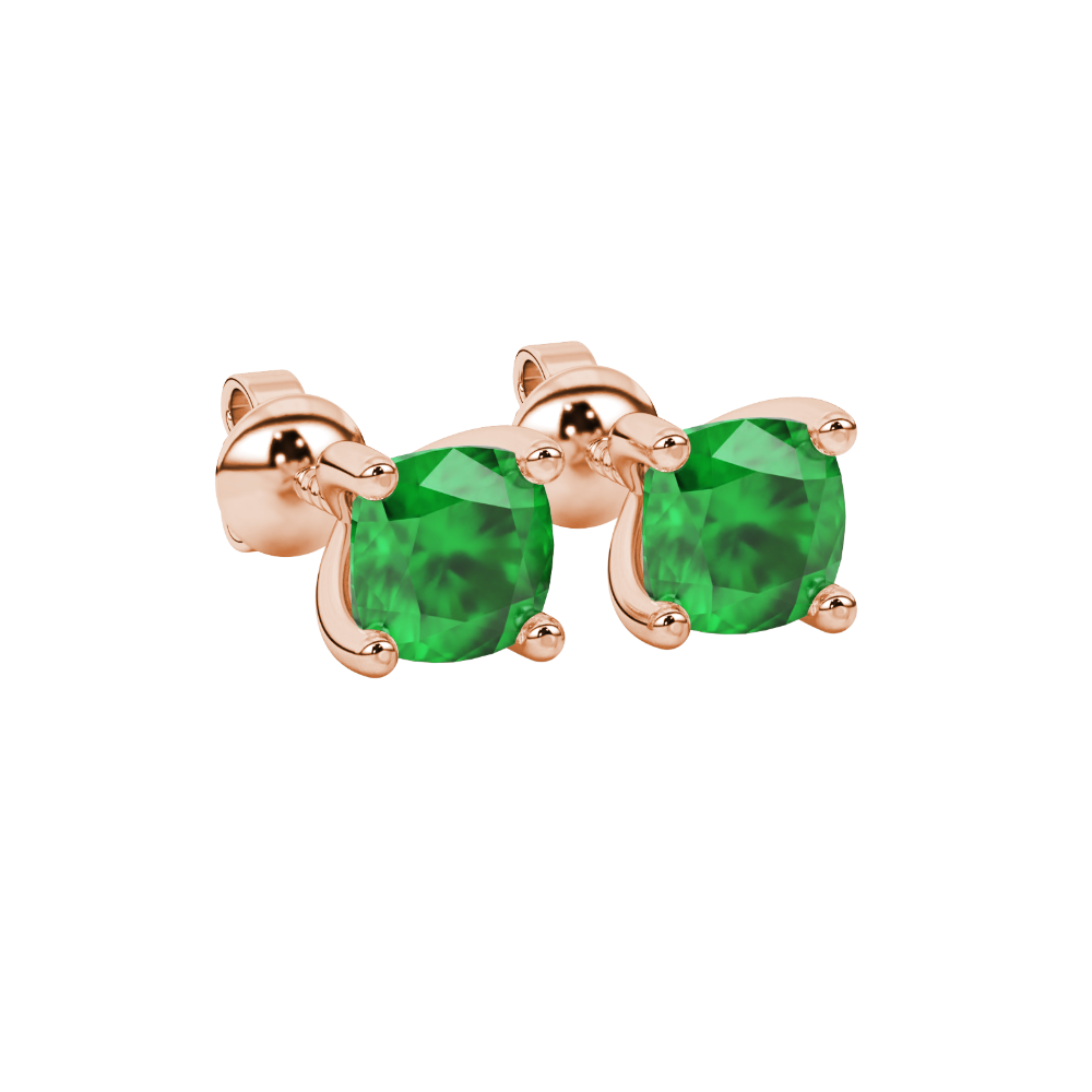 Green cushion cut gemstone solitaire stud earrings in gold featuring a refined four-prong basket setting