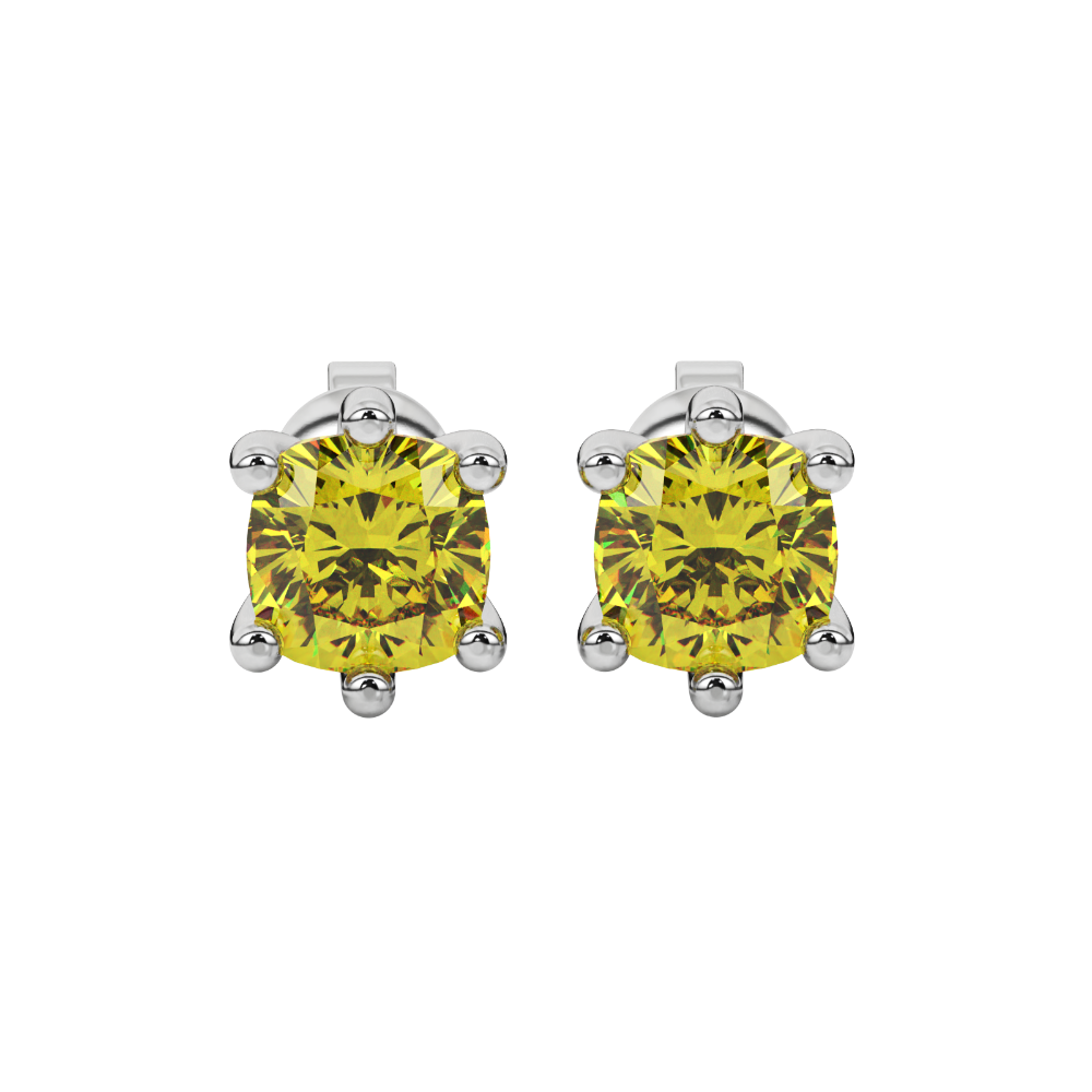 Yellow cushion cut gemstone stud earrings in gold featuring a refined six-prong basket setting