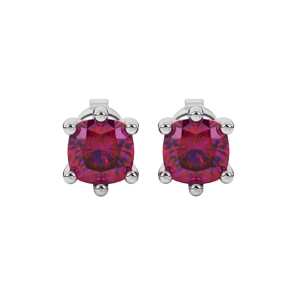 Red cushion cut gemstone stud earrings in gold featuring a refined six-prong basket setting
