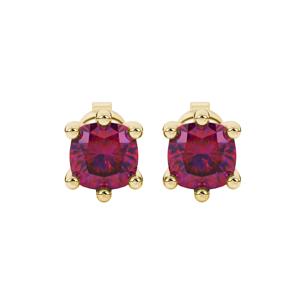 Red cushion cut gemstone stud earrings in gold featuring a refined six-prong basket setting