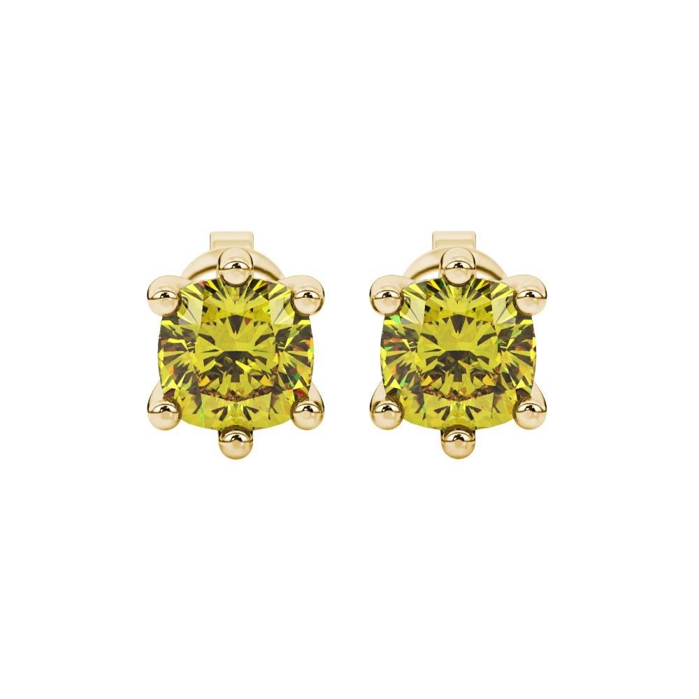 Yellow cushion cut gemstone stud earrings in gold featuring a refined six-prong basket setting