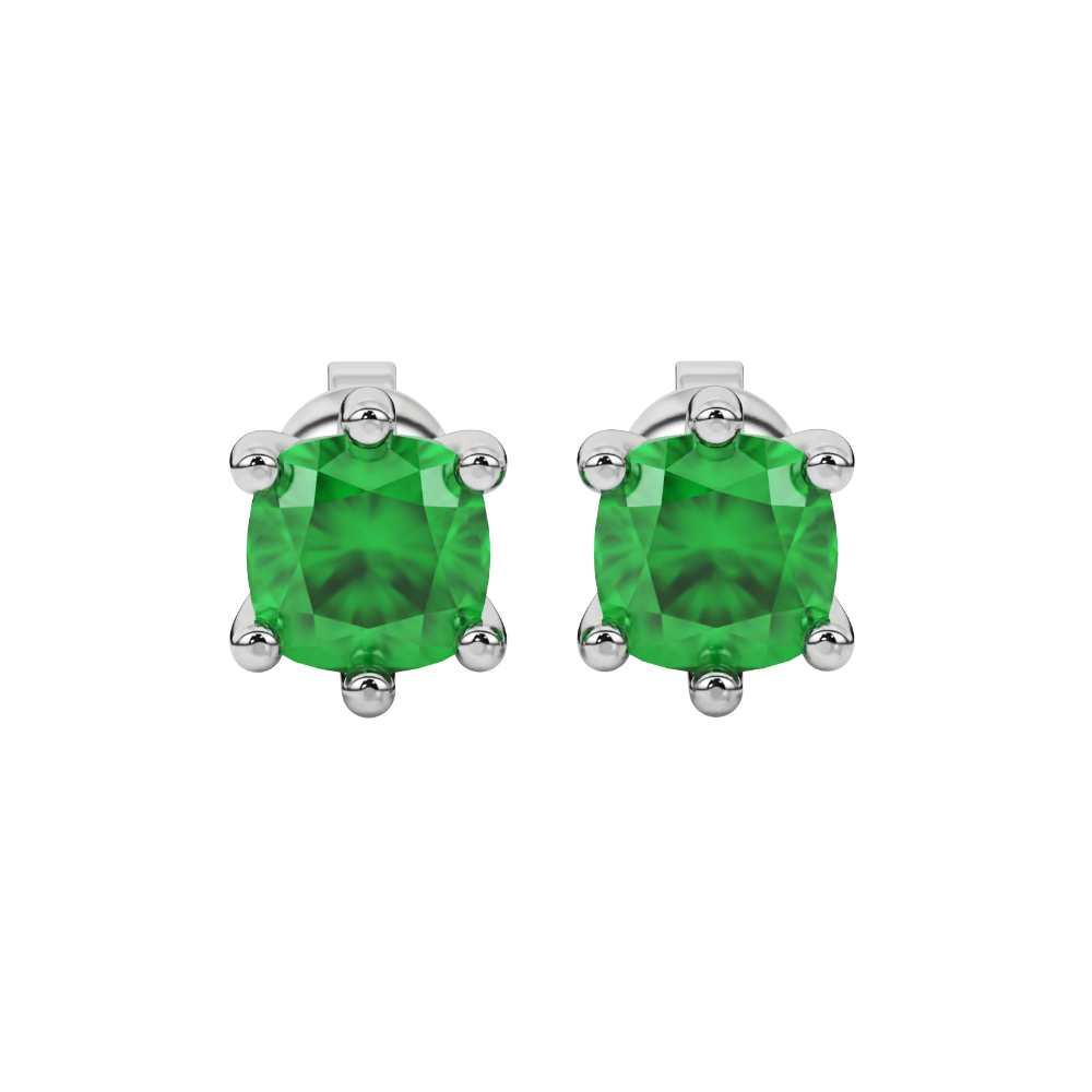 Green cushion cut gemstone stud earrings in gold featuring a refined six-prong basket setting