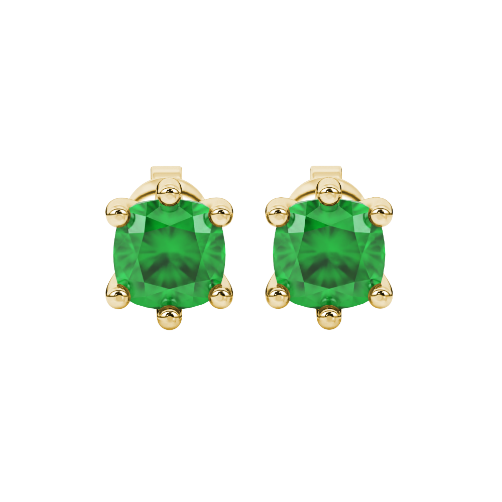 Green cushion cut gemstone stud earrings in gold featuring a refined six-prong basket setting