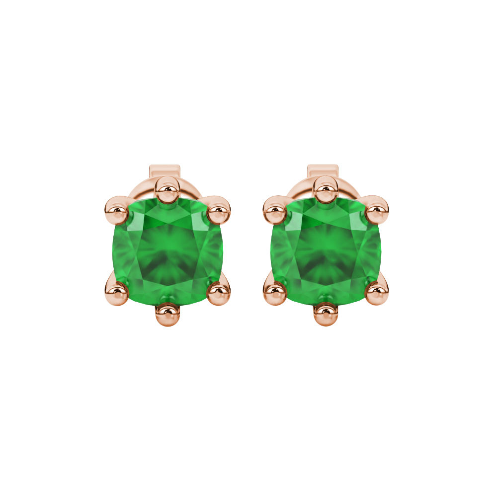 Green cushion cut gemstone stud earrings in gold featuring a refined six-prong basket setting