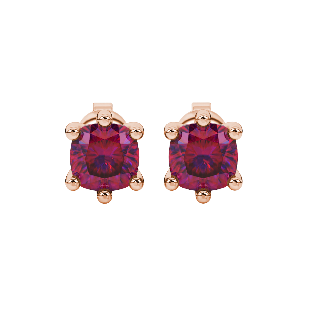 Red cushion cut gemstone stud earrings in gold featuring a refined six-prong basket setting