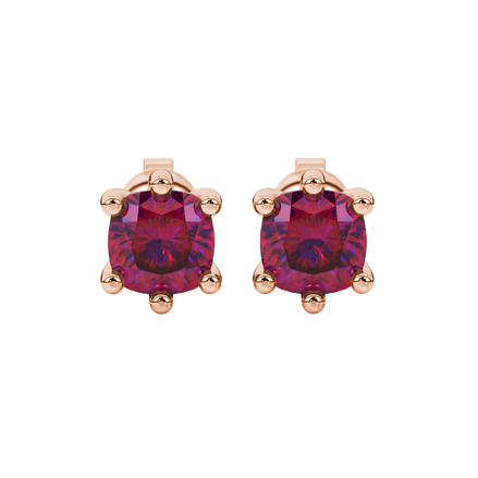 Red cushion cut gemstone stud earrings in gold featuring a refined six-prong basket setting