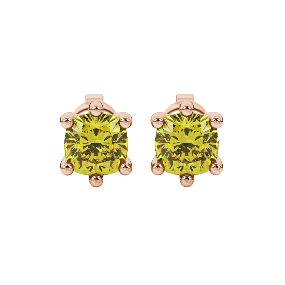 Yellow cushion cut gemstone stud earrings in gold featuring a refined six-prong basket setting